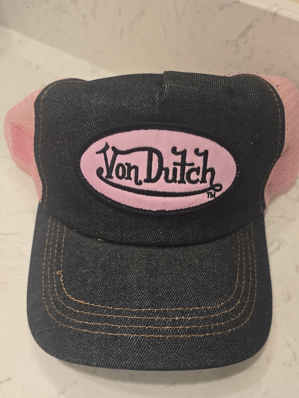 Von Dutch Black Denim Trucker Hat with Pink Mesh And Pink Logo